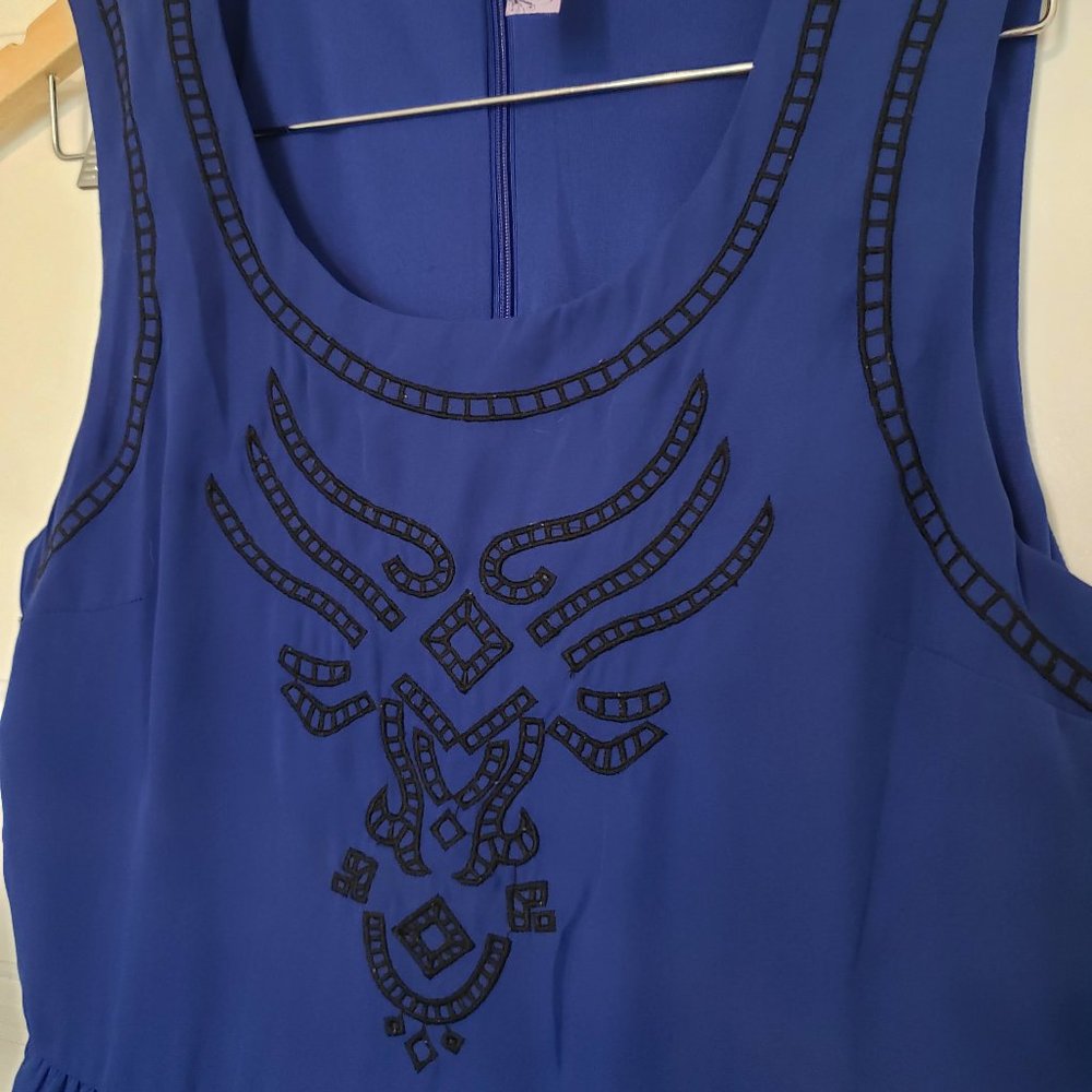 Blue A-Line Dress with Black embroidery